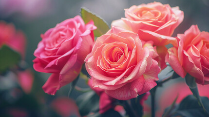 Obraz premium Pink roses in bloom. Close-up of pink roses in full bloom, showcasing their delicate petals and vibrant colors..