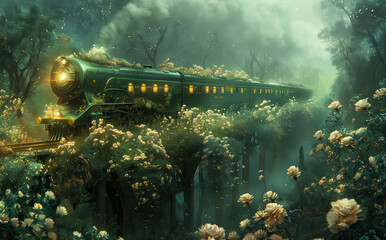 Illustration, a train traveling through a fantasy land