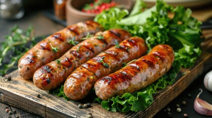 Sausages with lettuce and herbs behind them on a wooden board