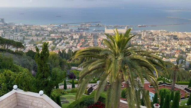 Haifa, Israel, June 26, 2024 : view from the Louis Promenade on Mount Carmel to the Bahai Temple, the downtown and port of Haifa city