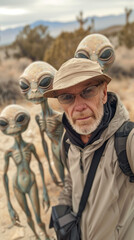Obraz premium a guy taking a funny selfie with a group of pale green tall and thin aliens with big eyes