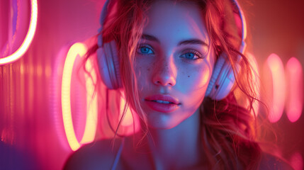 Fototapeta premium young woman happy in the silente disco party, headphone in the head