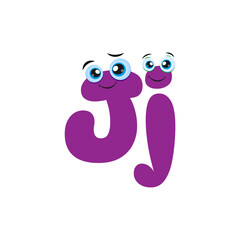 Cute Purple Letter J Cartoon Character With cute eyes. Cartoon Illustration of Blue Cute Smiling Uppercase and Lowercase Letter J with eyes. Funny kids letter J with eyes.