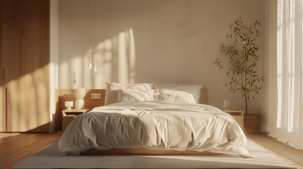 A serene bedroom with a neutral color palette and minimalist furnishings, promoting restful sleep and relaxation.