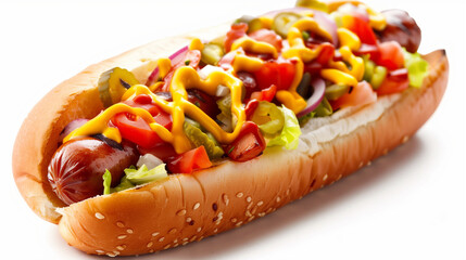 hot dog with mustard and a lot of exra topping vegetables onion cheese sause, 