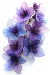 floral bunch of purple and blue flowers made of organza on white background, orchid leaves, translucent, photorealistic // ai-generated 
