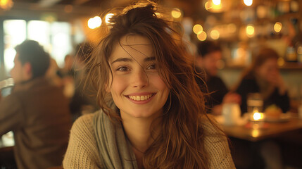 Obraz premium beautiful young woman on a date with you POV in an english or Irish pud smile at you