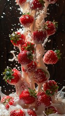  strawberries flying a yoghurt