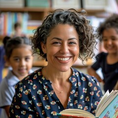 Elementary school teacher smiling while holding book -