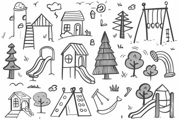 Set of funny kids and children playground. Swing, slide, teeter and sandbox in doodle  . Kid drawing of house, rainbow,tree. Hand drawn vector illustration on white background. set vector icon, wh