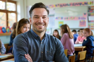 Portrait of smiling male teacher in a class at elementary school looking at camera with learning students on background