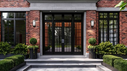Red brick house with black double doors and windows showing a view of the front door. The scene includes the exterior wall of a house, framed by large windows and potted plants on each side.