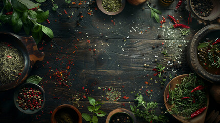 herbs and spices on a wooden board