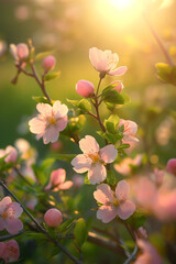 floral dream, beautiful spring flowers blooming in the warm sunlight, pink crapapple bloom, peach blossoms, bokeh effect, photorealistic // ai-generated 