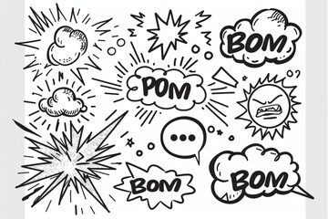 Set of hand drawn elements doodle comics isolated on white background. Comic elements with text BOW, POW, WOW, BAM, BOOM, BANG set vector icon, white background, black colour icon