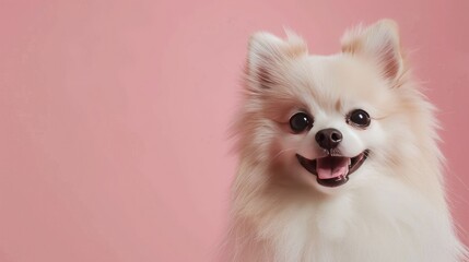 Cute white pomeranian on a pink background with a place for text. The dog smiles and looks at the camera