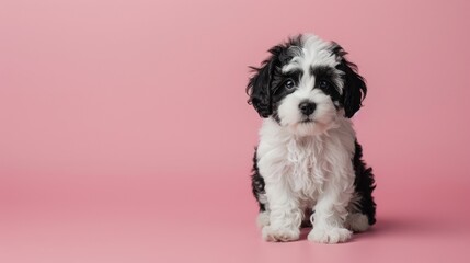 A small puppy, a black and white dog, sits on a pink background, a postcard with a place for text