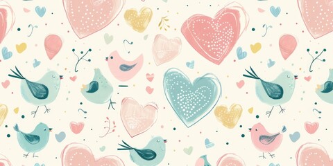 Seamless Pastel Valentine Hearts with Birds