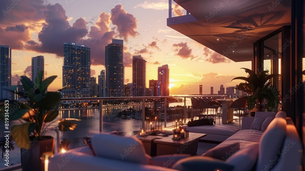 Wall mural a beautiful sunset over the miami skyline as seen from the balcony of an upscale apartment with mode