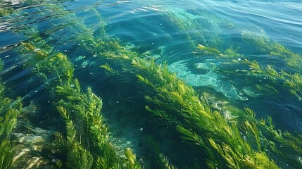  A lush green grass-covered shore with a group of green plants floating on a body of water