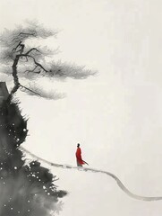 serene scene in traditional Chinese ink painting on xuan paper