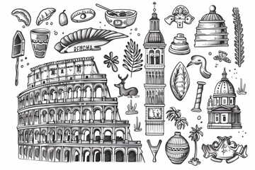 Set of hand drawn Italy icons, Rome set in vintage  . Vector doodle elements, Isolated national elements made in vector. set vector icon, white background, black colour icon