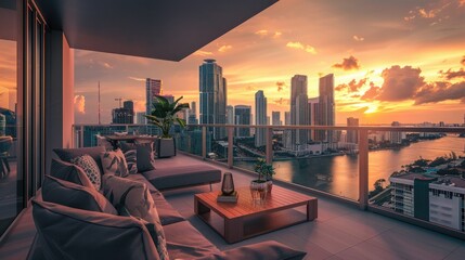 Obraz premium A beautiful sunset over the Miami skyline as seen from the balcony of an upscale apartment with modern furnishings and floor-to-ceiling windows overlooking the buildings.
