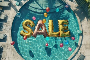 Vibrant letter balloons spell SALE above a pool with colorful swim gear.