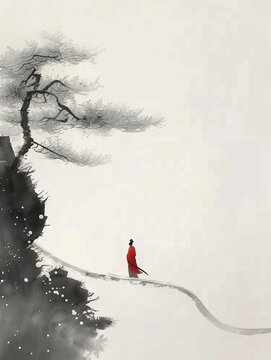 serene scene in traditional Chinese ink painting on xuan paper