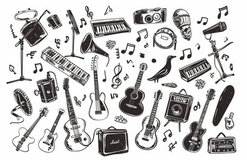 Set of hand drawn sketches doodles of musical culture on white background set vector icon, white background, black colour icon