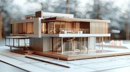 Obraz premium An architectural model showing the construction plan and all the details of a modern house. A close-up shot captures all the fine details.