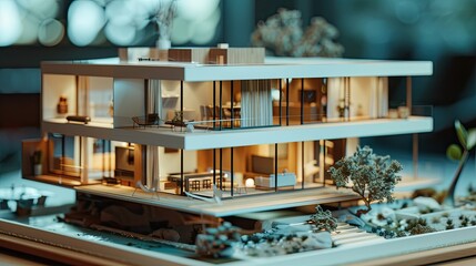 An architectural model showing the construction plan and all the details of a modern house. A close-up shot captures all the fine details.