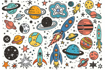 Set of hand drawn space objects on white background. Doodle set of planets, rockets, aliens, etc. Colorful vector illustration set vector icon,