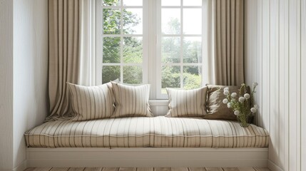 cozy window seat with velvet cushion and beige striped pillows, beige curtains on the right side of the window, daylight, window to the street, cozy interior design style.