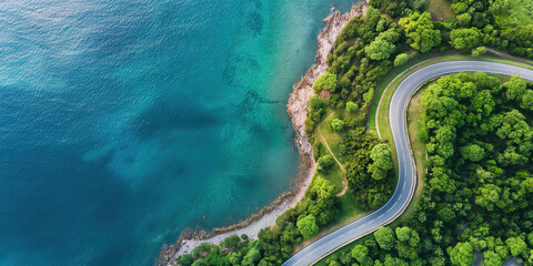 Winding road along the coast. View from a drone.