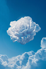 flowery cloud floating in the blue sky, white rose shaped, fantasy element, surrealism, photorealistic // ai-generated 
