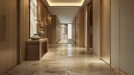 Contemporary interior design, entryway with marble floor tiles and wall panels in light brown tones, wooden cabinets on one side with empty space for artwork or vases.