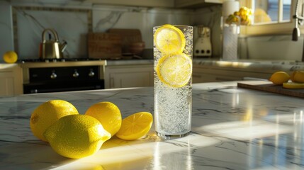 A glass of water with lemon slices standing on a marble countertop in front of an elegant kitchen background. Sunlight highlights the bubbles rising to the surface of the drink.