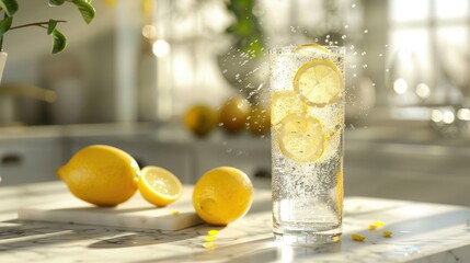 A glass of water with lemon slices standing on a marble countertop in front of an elegant kitchen background. Sunlight highlights the bubbles rising to the surface of the drink.