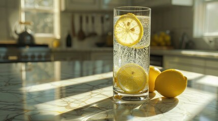 A glass of water with lemon slices standing on a marble countertop in front of an elegant kitchen background. Sunlight highlights the bubbles rising to the surface of the drink.