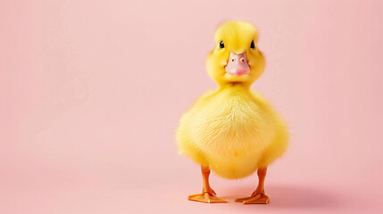 Cute Yellow Duckling Standing on Pink Background