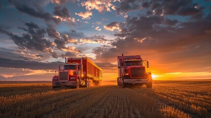 Fototapeta premium A red tractor and a truck are driving towards each other in a field at sunset. In front of them stands a modern cargo trailer with its headlights on. Dark clouds are depicted in the background.