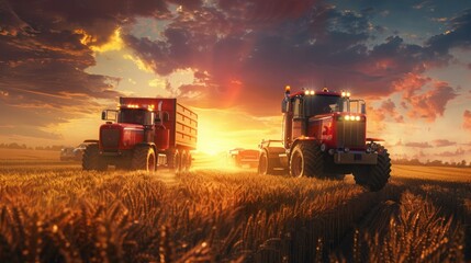 Fototapeta premium A red tractor and a truck are driving towards each other in a field at sunset. In front of them stands a modern cargo trailer with its headlights on. Dark clouds are depicted in the background.