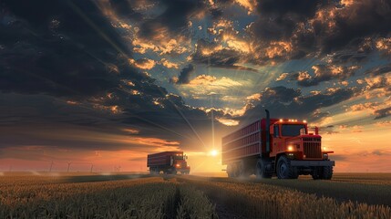 A red tractor and a truck are driving towards each other in a field at sunset. In front of them stands a modern cargo trailer with its headlights on. Dark clouds are depicted in the background. - Powered by Adobe