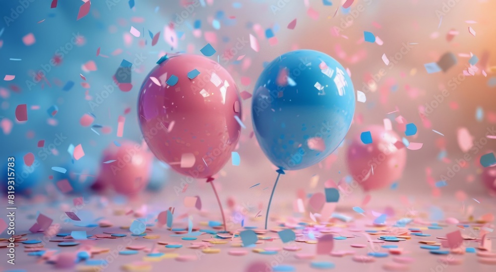 Wall mural Pink and Blue Balloons With Confetti on a Blue Background