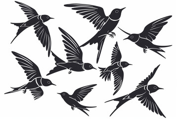 Set of swallows birds in flight set vector icon, white background, black colour icon