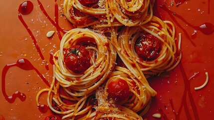  A plate of spaghetti with tomato sauce, and a sauce drizzle on both ends