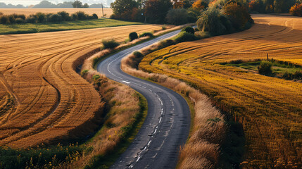 Golden Hour Over Country Road and Harvested Fields
