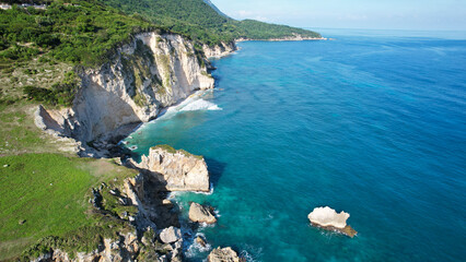 Beautiful drone shot of coastline in remote location of Dominican Republic 