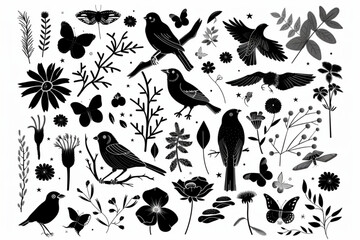 Set of nature vector design elements isolated on white background. Birds, floral and flower elements, fruit, insects and weather elements. set vector icon